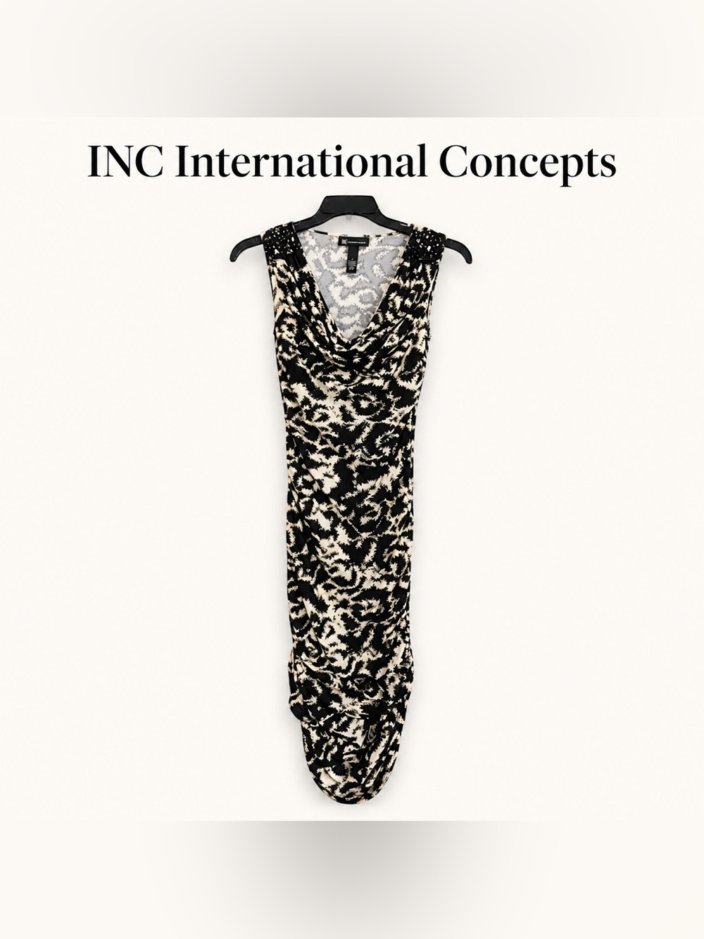 INC International Concepts Black & Cream Bodycon Dress Ruched V-Neck